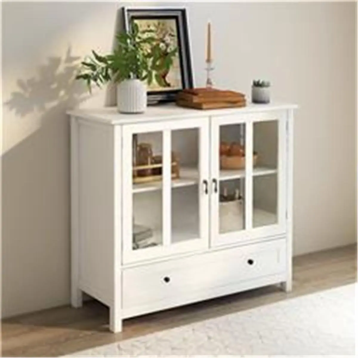 Direct Wicker UBS-W28227723 Storage Cabinet with Double Glass Doors and Unique Bell Handle for Living Room, Bathroom and Bedroom