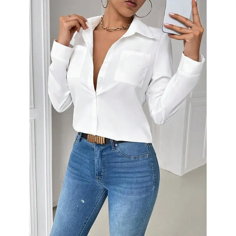 Women's White Collared Button Down Blouse – Fitted Long Sleeve Casual Shirt with Pocket, Office Wear or Minimalist Work Outfit Top Fabric Womenswear Polyester Comfort Basic Short Women's White Collared Button Down Blouse – Fitted Long Sleeve Casual Shirt with Pocket, Office Wear or Minimalist Work Outfit Top Fabric Womenswear Polyester Comfort Basic Short
