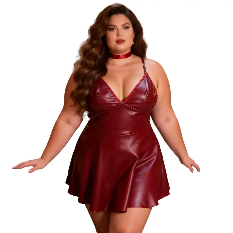 red leather dress plus size Final Sale Plus Size Thick Knit Sweater Dress with Faux Leather Corset Waist Midi Dress in Burgundy