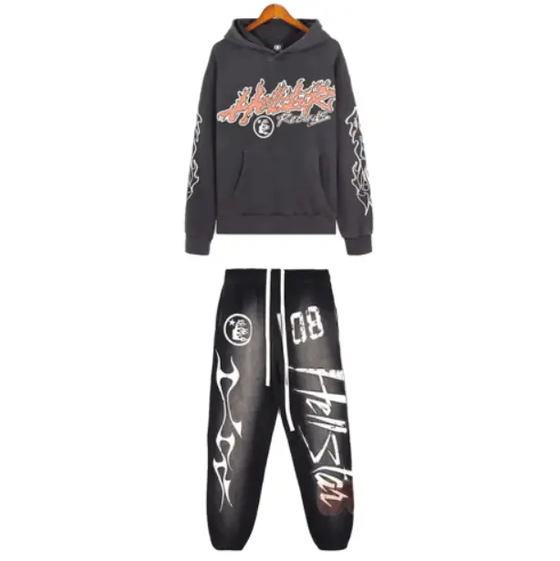 Hellstar Tour Black Tracksuit Set, Graphic Hoodie & Jogger Pants, Y2K Streetwear Outfit for Men & Women