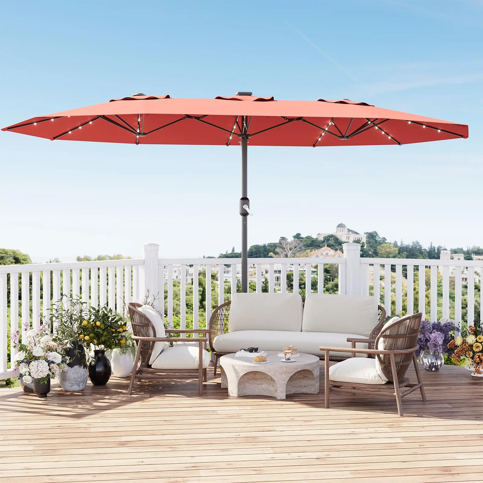 15FT Extra Large Rectangular Patio Umbrella with Stand 450x270cm LED Lights UV Protection Windproof Easy Assembly Outdoor Market Parasol Base and Crank Included