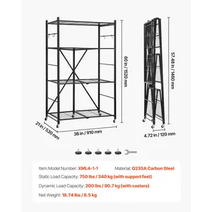 VEVOR 4-Tier Foldable Storage Shelf, 36Wx 21Dx 60H Inch Folding Metal Rack Shelving Unit, No Assembly Organizer Shelf with 5 Wheels 4 Hooks for Pantry, Kitchen, Garage, Basement, Black
