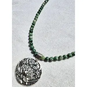 Green Jasper, White Quartz, Silver Lotus Mala Necklace