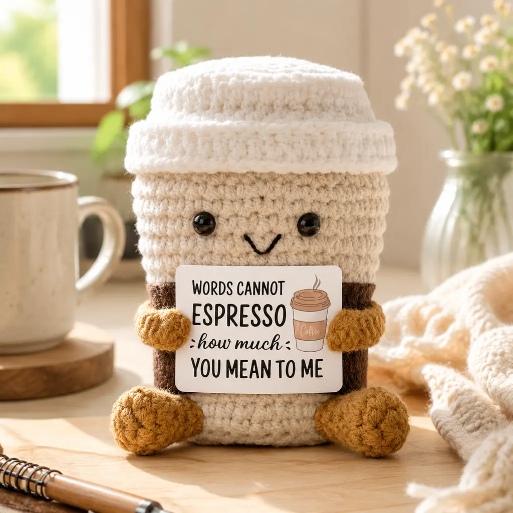Positive Coffee Cup Crochet Doll, Handmade Knitted Mini Coffee Cup Plush with Pun Affirmation Card, Cute Emotional Support Gift, Inspirational Pocket Desk Decor for Coffee Lovers