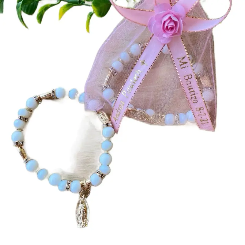 12pcs Personalized Baptism Favor Beads Blessing Bracelets Pack - Female Rosary Prayer Bracelets with Ribbon, Custom Name Tag for Mi Bautizo Celebration (87-25)