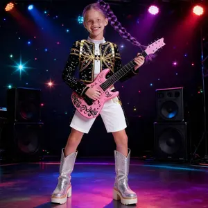 Singer Costume Four Piece Set with Jacket Liner Shorts Inflatable Guitar for Halloween Party Performance Outfit Long Sleeve Regular Fit Black Fabric