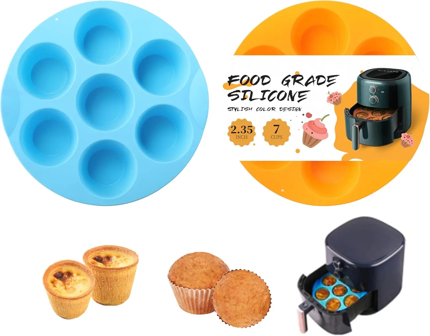 2 Pack Nonstick BPA-Free 7-Cup Air Fryer Muffin Pans - Lightweight Flexible Baking Tins for Baked Mini Muffins, Egg Bites, Tartlets - Oven-Safe Classic Kitchen Bakeware (Orange+Blue)