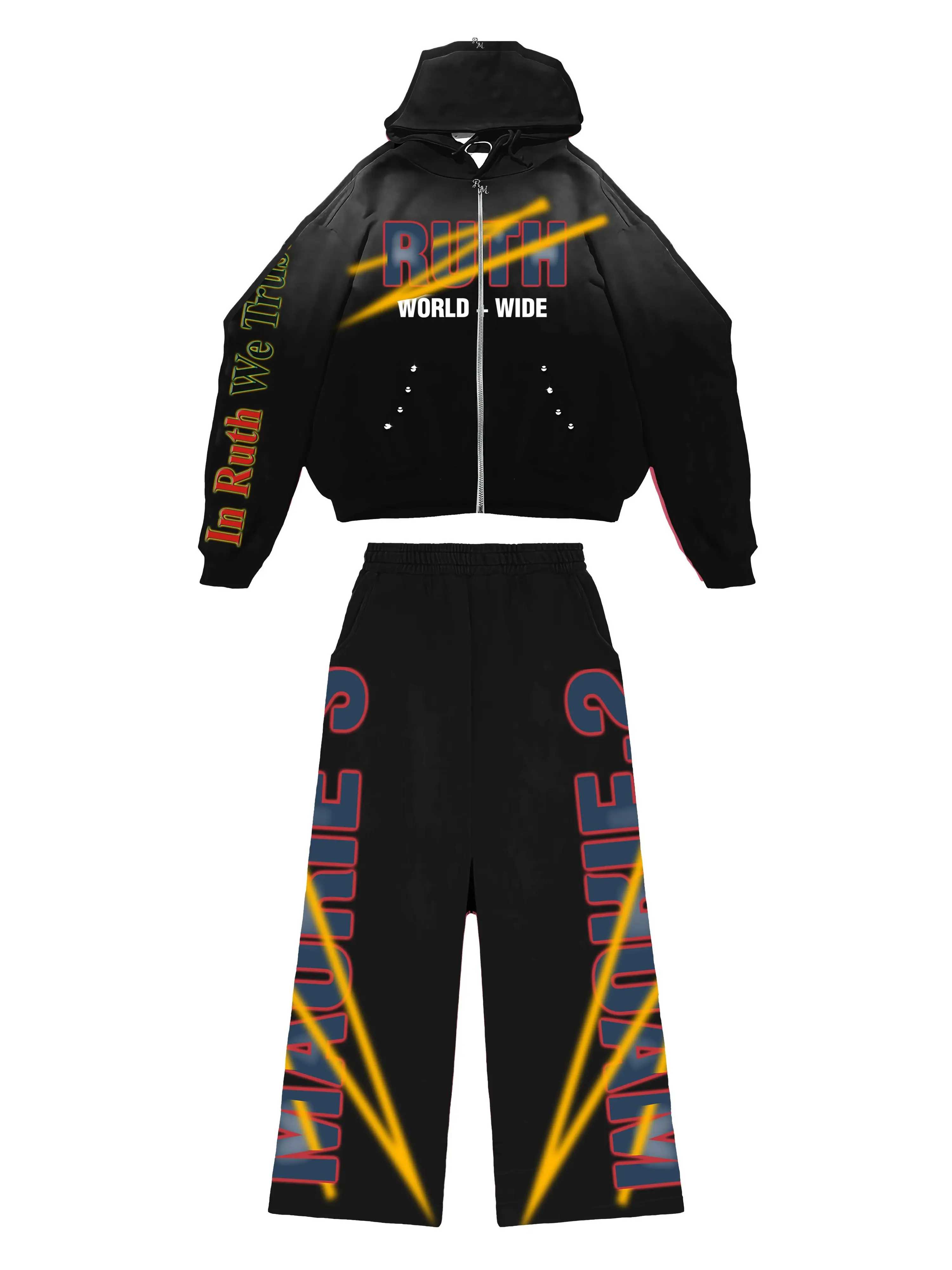 RUTH MAURIE'S Men's 400 GSM Heavyweight 2-Piece Casual Clothes Set - Zipper Hoodie, Long-Sleeve Jacket, Pockets Pants with Print & Rhinestones, Menswear, 2 Piece Sets, Graphic, Hooded, Printed, Washed Look, Custom Zipper