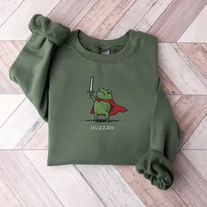 Huzzah Frog Sweatshirt, Embroidered Gildan 18000, Funny DnD Pullover, Renaissance Faire Frog Crewneck, Medieval Fantasy Gamer Gift