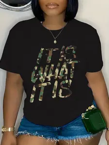 Plus Size Casual Short Sleeve T-Shirt for Women - Geometric Camouflage Print, Polyester Fabric, Crew Neck, Pullover Style, Spring/ Summer Collection