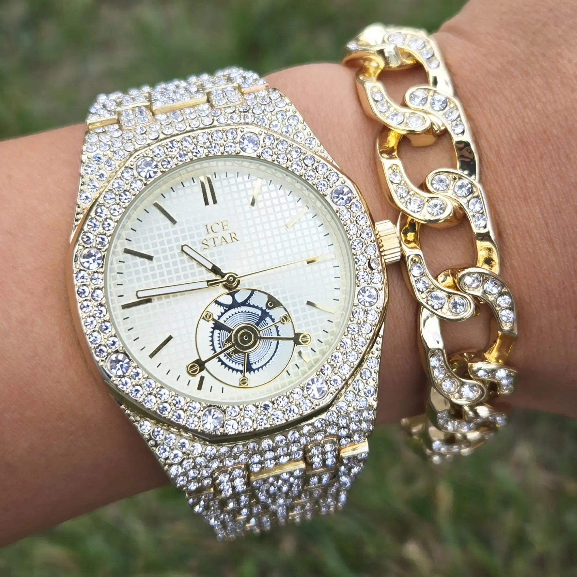 MaxBling81 Men's Watch and Cuban Link Bracelet Set, Iced Out Hip Hop Style for Casual Luxury, Gold-Plated Analog Timepiece with Secure Clasp, Batteries Included, Male Wear, Alloy, 43Mm, Diamond Bezel, Metal, Quartz, Round, Stainless Steel