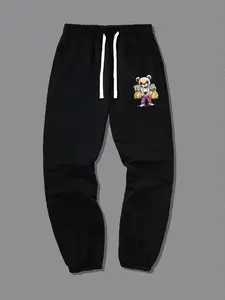 Men's Cartoon Bear Print Drawstring Waist Sweatpants, Casual Pocket Jogger Pants for Boys, Summer Clothing