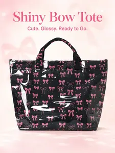 1pc Shiny Bow Tote Bag, Large Capacity Waterproof Shoulder Shopping Bag, Stylish Glossy Carryall for Travel, Beach, Gym, School, Commute & Daily Use, Cute Bow Print Tote Gift for Trendy Fashion Lovers
