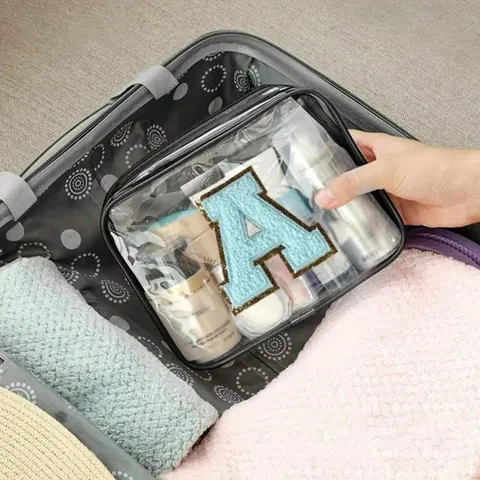 Pvc Portable Storage Bag With Blue Towel Embroidered With Initials A-Y,Large Capacity Makeup Organizer Makeup Case, Waterproof, Zippered, Makeup Bag,Cosmetic Bag,Cosmetics Bag,For Lipstick, Brush, Skincare, Travel Cosmetic Bags