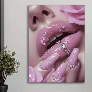 (Framed Frameless Poster Optional)- Elegant Woman With Pink Nails & Rhinestone Rings, Abstract Wall Decor For Living Room, Office, Or Cafe, Perfect Gift For Birthdays, Valentine's Day, Or Easter, Canvas Wall Art Ready To Hang