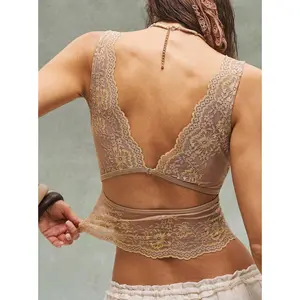 Bohemela Women's Bohemian Music Festival Holiday Party Solid Color Knitted Patchwork Lace Trim Slim Fit Tank Top