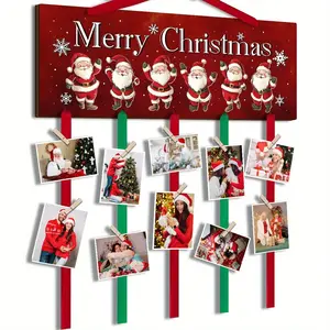 Wooden Photo Frame, 1 Set Christmas Card Display Stand, Farmhouse Santa Claus Merry Christmas Photo Show, Wall Hanging Sign with 20 Clips for DIY Rustic Photo Frame, Ornaments