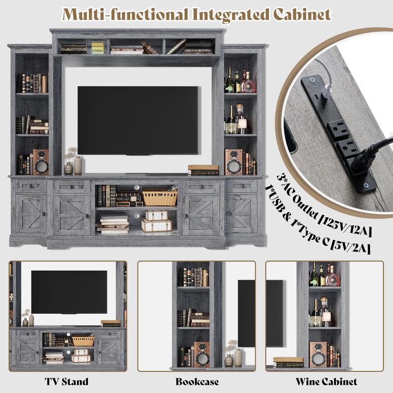 【Ships in 2 Boxes】AMERLIFE Farmhouse 98" Wall Unit TV Stand with Storage Cabinets for TVs up to 78", Large Entertainment Center with Bookshelves & Power Outlets, Wine Display Cabinet with Barn Door, Living Room