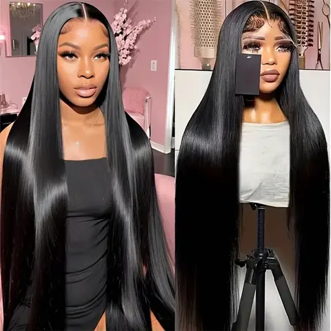 Bling Hair Women's Black Woman Wig - 32-36 In Long Straight Brazilian Human Hair, 180 Density, 13x4/13x6 HD Transparent Full Lace Front Wig, Heat-Resistant, Black Woman Wigs