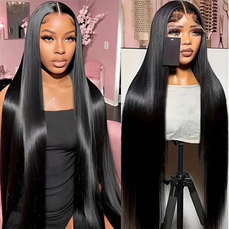 Bling Hair Women's Black Woman Wig - 32-36 In Long Straight Brazilian Human Hair, 180 Density, 13x4/13x6 HD Transparent Full Lace Front Wig, Heat-Resistant, Black Woman Wigs