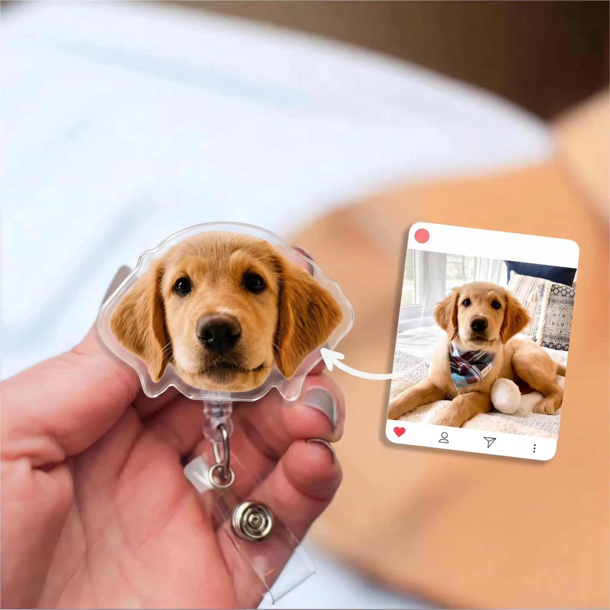 Custom dog-shaped badge reel – Personalized, humorous design based on your pet's photo – Acrylic material, A fun gift for dog and cat lovers.