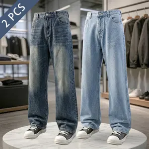 2-Pack Men's Vintage Washed Distressed Jeans Classic Straight Fit for Everyday Wear Commuting & Outdoor Activities American Street Style Denim - Casual bootcut men baggy pants, Fabric, Loose