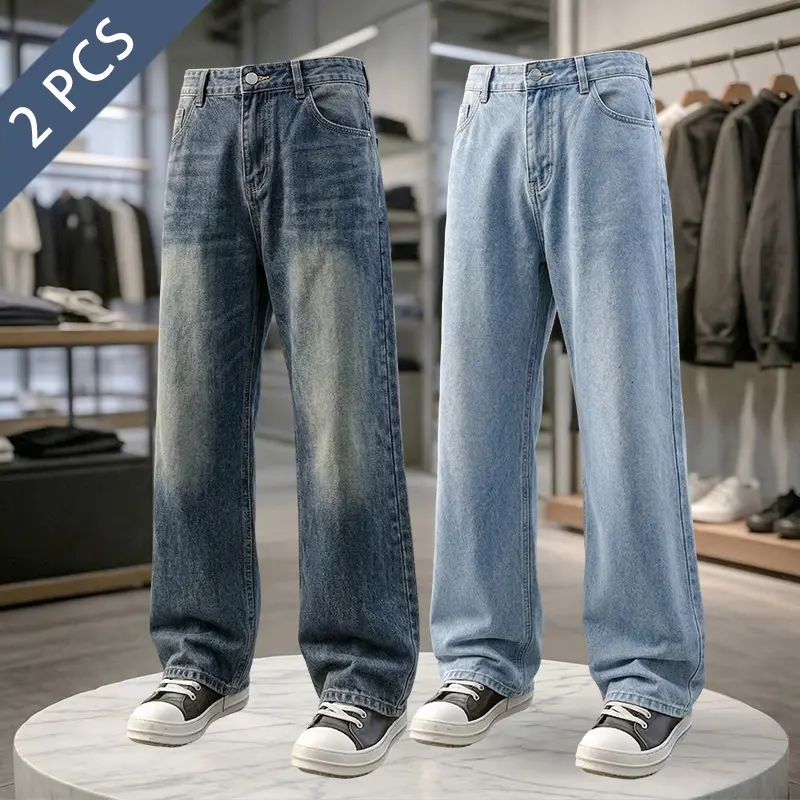 Men's 2-Pack Retro Washed Distressed Plain Jeans - Classic Straight Fit, Casual Bootcut, Loose Baggy Style, Menswear Streetwear, Pocket Design, for Commuting & Outdoor Everyday Wear