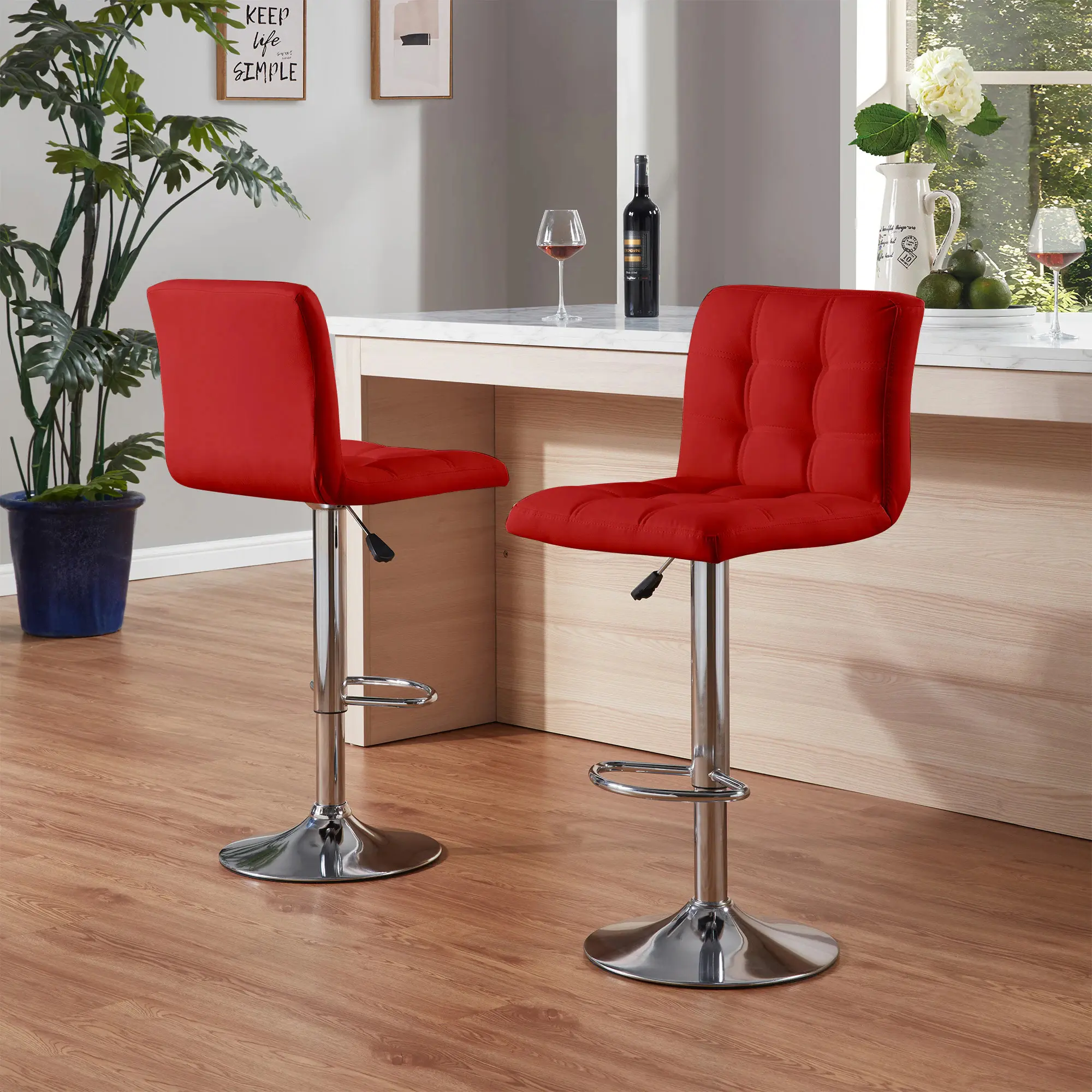 Bar Stools 1 Set of 2, Counter Height Bar Stools, Square Cushion Bar Stools with Back, Footstool, Cafe, Red