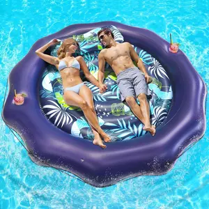 Tanning Pool Lounger Float, Extra Large Inflatable Pool Floats Adult Heavy Duty with Pillow & Cup Holders, Round Water Pool Raft Floaties Bed for Backyard Lake River Beach Outdoor raft lounge floatie oversized pool float pool leaf skimmer net fit outdoorf