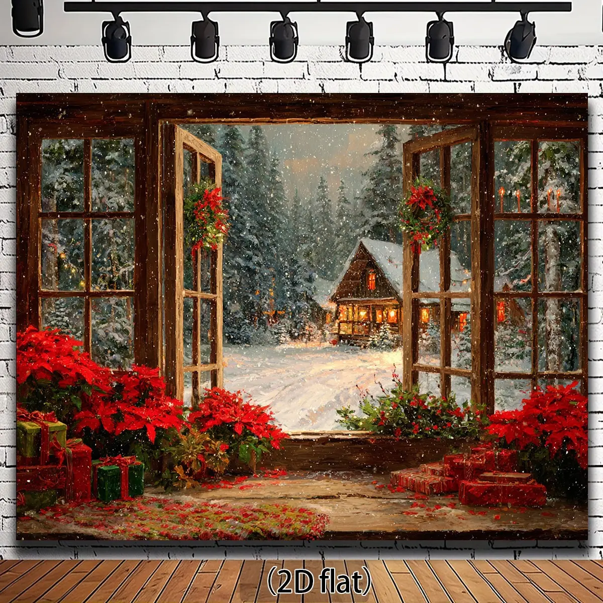Vintage Oil Painting Winter Christmas Backdrop – Wooden Window, Snowy Cabin & Poinsettia Decor, Ideal for Retro Holiday Decor & Cozy Festive Shoots, Brings Serene Warm Vibe, A Charming Christmas Gift, 2D Print new year photography