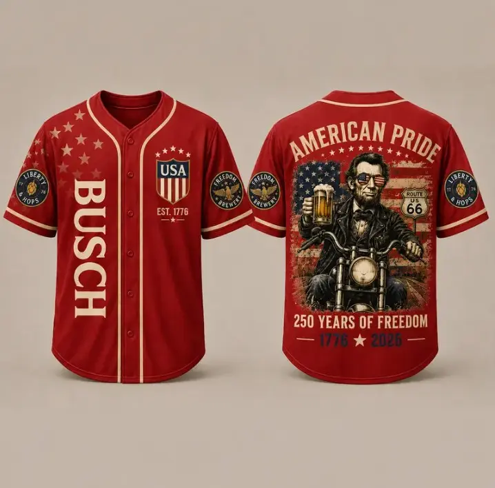 American Pride Route 66 Baseball Jersey, Vintage USA Biker Beer Shirt, 250 Years of Freedom Patriotic Button Up Jersey for Men, 4th of July Streetwear Gift