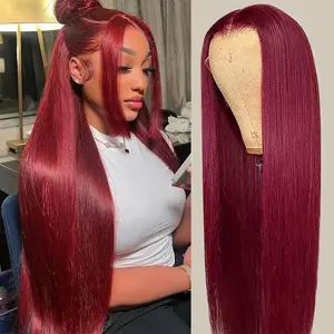 13x4 99J Burgundy Lace Front Wigs Synthetic Hair 28 Inch HD Transparent Straight Pre Plucked Wine Red Glueless Frontal Wigs for Women Beginner Friendly Bleached Knots Soft Easy To Care Fit Well