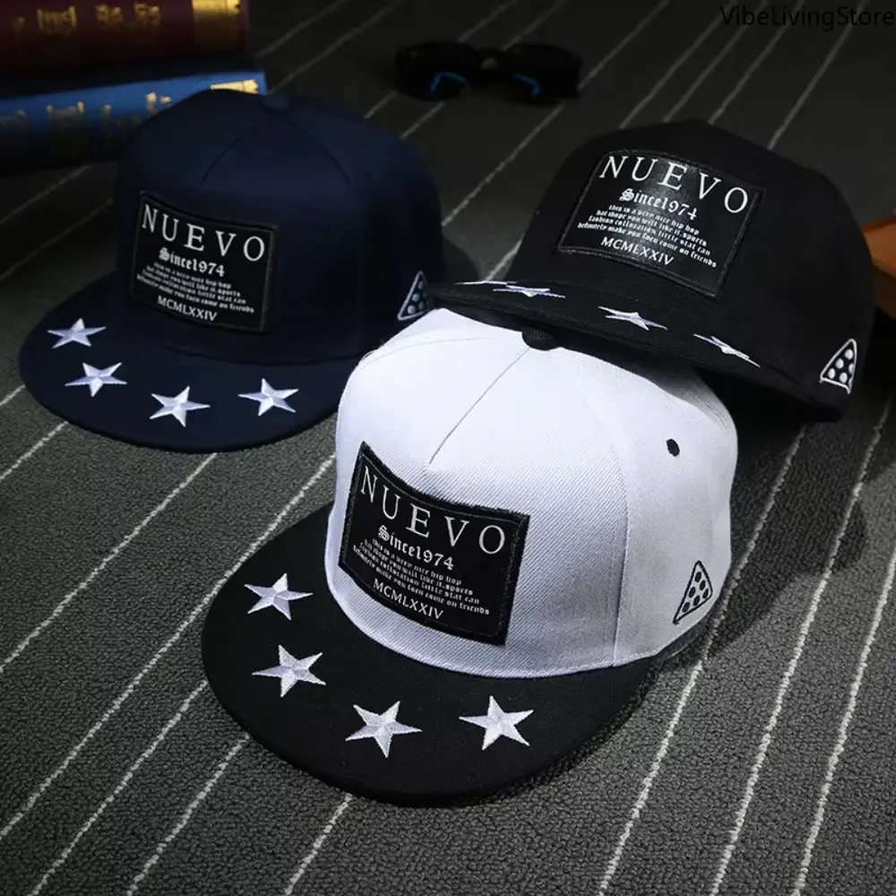 Unisex Black Adjustable Snapback Baseball Cap - 4-Star Embroidered Flat Brim, Casual Hip Hop Sun Hat for Outdoor Sports, Bag Accessory, Embroidered Stars, Star Print