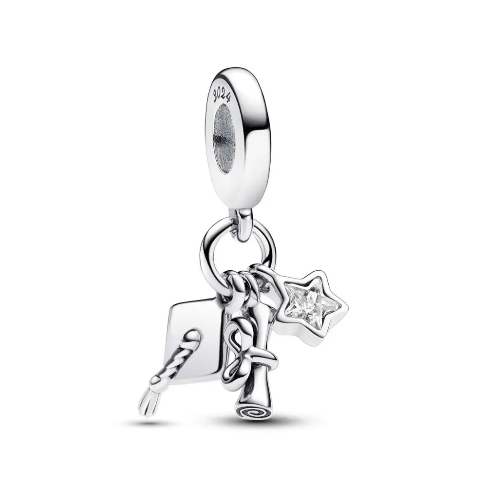 Pandora 2024 Triple-Dangle Graduation Charm 793240C01 - Personalized Jewelry, Graduation Theme, Engraved Bail, Bow-Tied Ribbon, Star Shape, Star Scroll, Cubic Zirconia, Dangling Cap, Bejeweled Style, Collectible, Dangling Charms