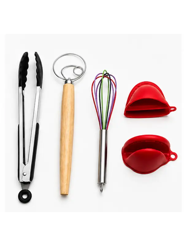 Premium 4-Piece Kitchen Tool Set | Stainless Steel Tongs, Silicone Whisk, Danish Dough Whisk & Mini Oven Mitts