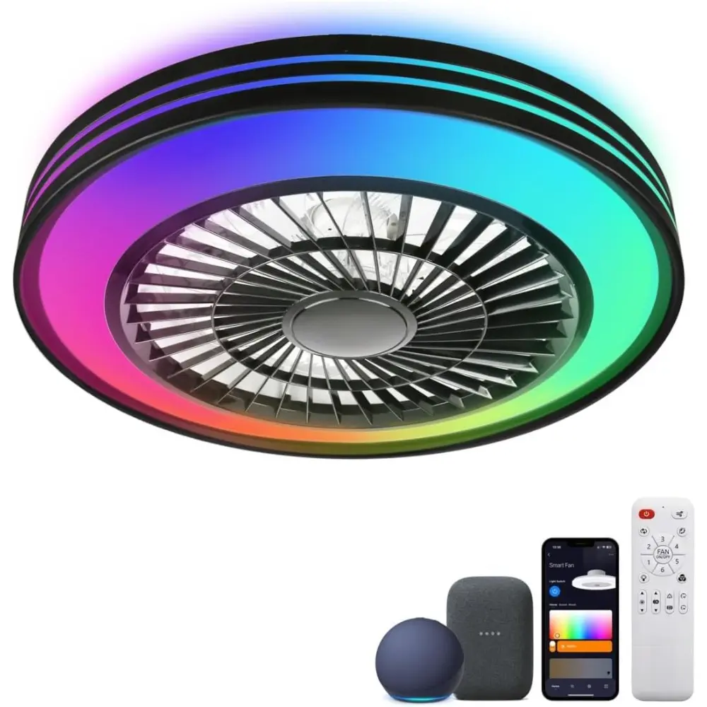 RGB Ceiling Fans with Lights 20" Fandelier Low Profile Smart Ceiling Fan with Light, Flush Mount Ceiling Fan Light with Remote/APP (RGBWW (Supports Alexa Voice Control))