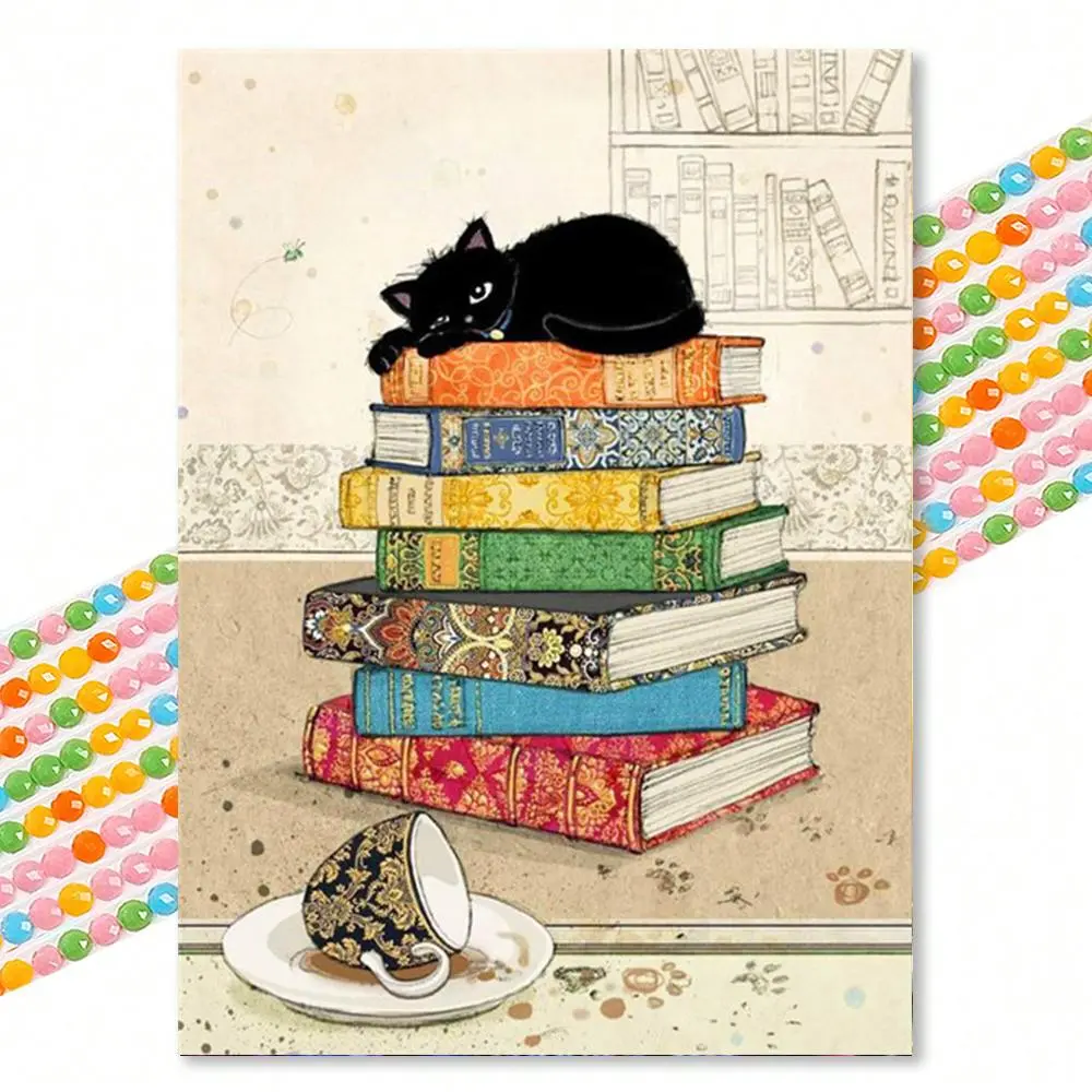 Cat & Book Pattern DIY Diamond Arts Colorful Painting Kit without Frame, DIY Decorative Art Picture for Beginner, DIY Home Decor, Diamond Painting Kits Handicraft
