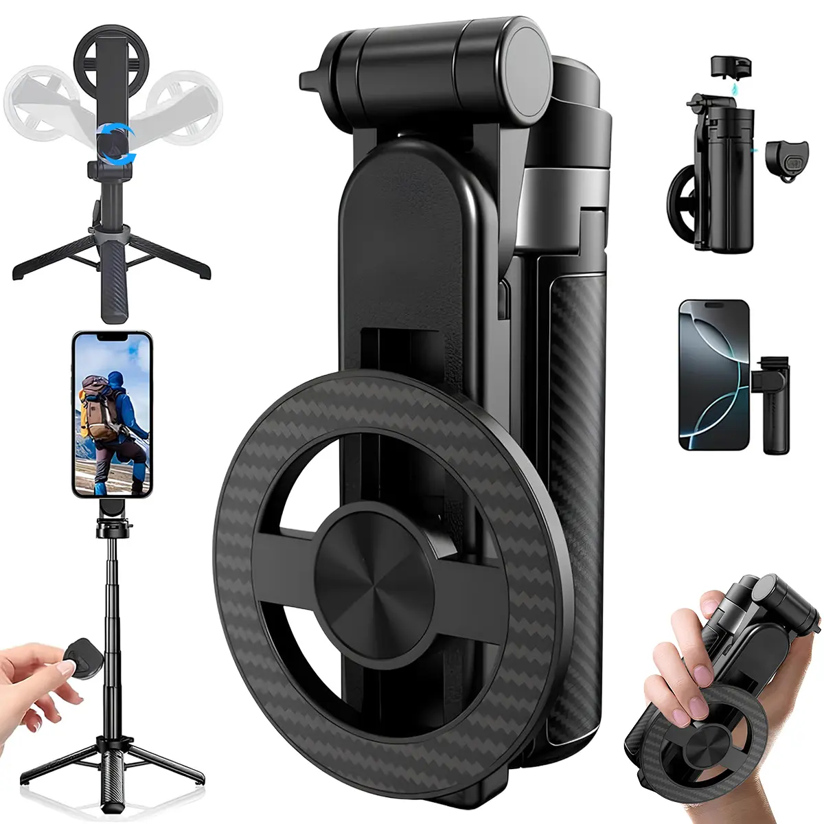 4-in-1 Magnetic Pocket Selfie Stick & Retractable Tripod Stand, Rechargeable Remote Grip for iPhone, Smartphone, Cellphone, 360° Rotation, Extends to 17.7in, Portable Mobile Phone Accessories for Travel, Vlogging, Travel Gadgets