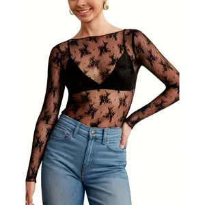 S-XL Sexy See Through Mesh Top Womens Lace Long Sleeve Boat Neck Embroidery Sheer Blouse Shirt