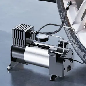 12V Portable Air Compressor with Pressure Gauge Heavy Duty Tire Inflator Cylinder Power System Heavy Duty Deluxe Portable Metal Air Compressor Car Tire Inflatable Pump