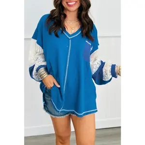 Sky Blue Lace Floral Patchwork Sleeve Stitching V Neck Rib Knit Blouse