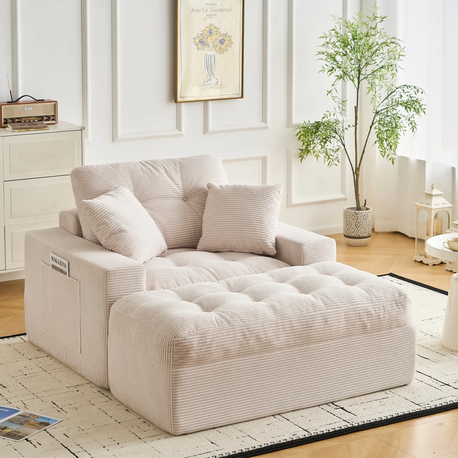 Garvee Oversized Corduroy Chaise Lounge Sofa Bed - 63" Deep Seat, Boneless Sleeper Couch with Ottoman & 2 Pillows, No Assembly, Cozy Cloud Chair for Living Room