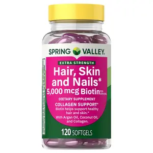 Spring Valley Extra Strength Hair Skin & Nails Collagen Support Softgels, 5000 mcg Biotin, 120 Count