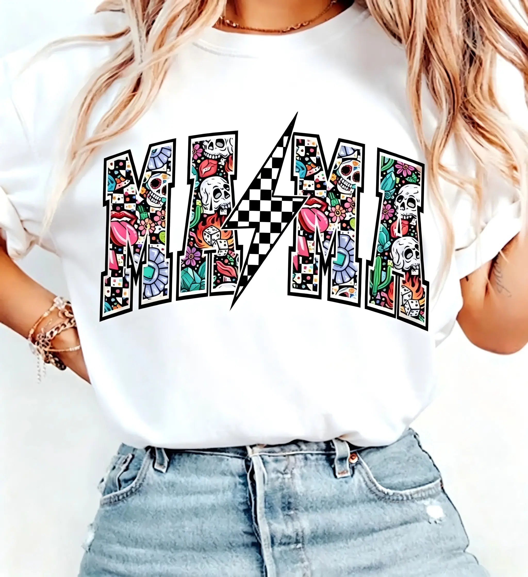 Sassy Mama Varsity Tshirt, Tattoo Pattern Mama Varsity Tee, Checkered Lightning Mom Graphic Tee, Edgy Tattoo Mama Tshirt