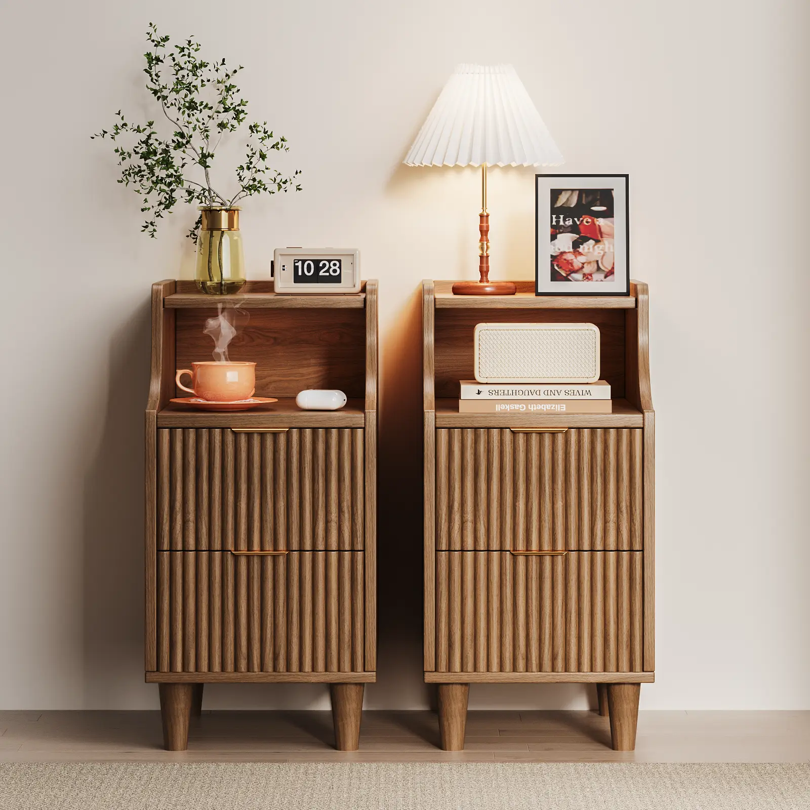 TOKSOM 2-Piece Wood Tall Space-Saver Narrow Bedroom Nightstand Set - Thick Legs, 2 Drawer and Cubby, Dust-Safe Cabinet, Assembly Required, Indoor Side Tables for Small Spaces, 15.75inD×11.81inW×24.41inH, White/Walnut/Black