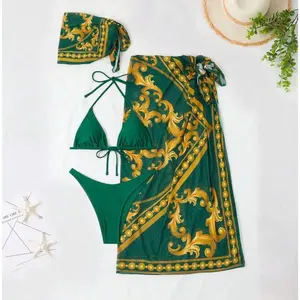 Woman Swimsuit Retro Green Gold Chain Printed Set