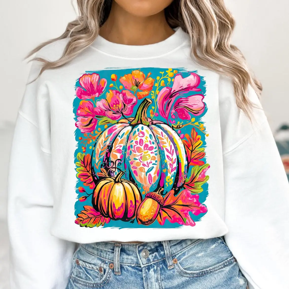 Fall Floral Pumpkin Shirt, Boho Floral Fall Shirt, Girly Autumn Vibes Shirt, Preppy Fall Brushstroke Shirt, Pink Pumpkin Season