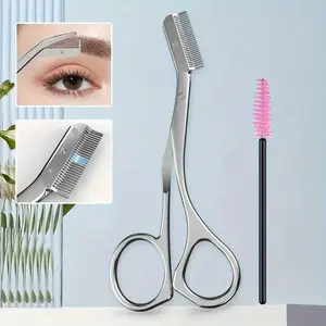 【Free shipping】Eyebrow grooming tool set, including 1 silver stainless steel comb eyebrow trimming scissors+1 professional eyebrow brush eyebrow trimming scissors, high hardness sharp blades, ergonomic design