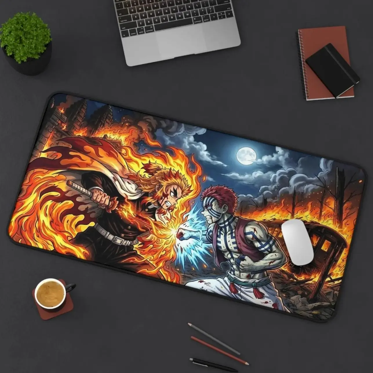 Demon Slayer Rengoku & Akaza Fight Themed Desk Mat | Kyojuro Rengoku Flame Hashira Gaming Mouse Pad | Manga Anime Demon Slayer Panel Playmat