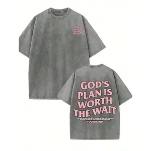 God's Plan Is Always Worth Waiting For, Classic Retro Fashion Street Jesus' Plan Is Worth Waiting For. Popular Letter Pattern Printed Boutique 230g Washed Cotton T-Shirt, Men's Summer High-Quality Printed Cotton Retro Fashion Retro Brand Loose